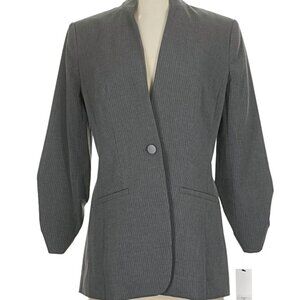 Calvin Klein One-Button Collarless Blazer Grey Pinstripe 7/8 Sleeve ruched 8